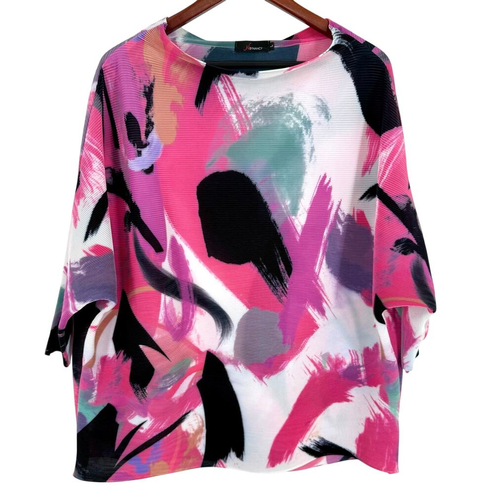 N by Nancy L Wearable Art to Wear Pink Black Unique Blouse Shirt Top Abstract